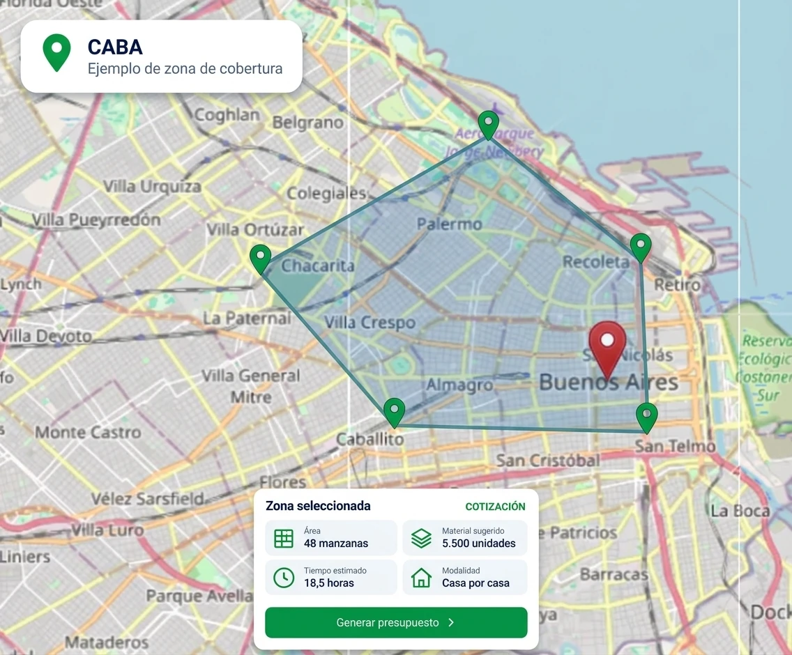 Ejemplo del cotizador geográfico SAETEC sobre mapa de CABA con zona de reparto seleccionada