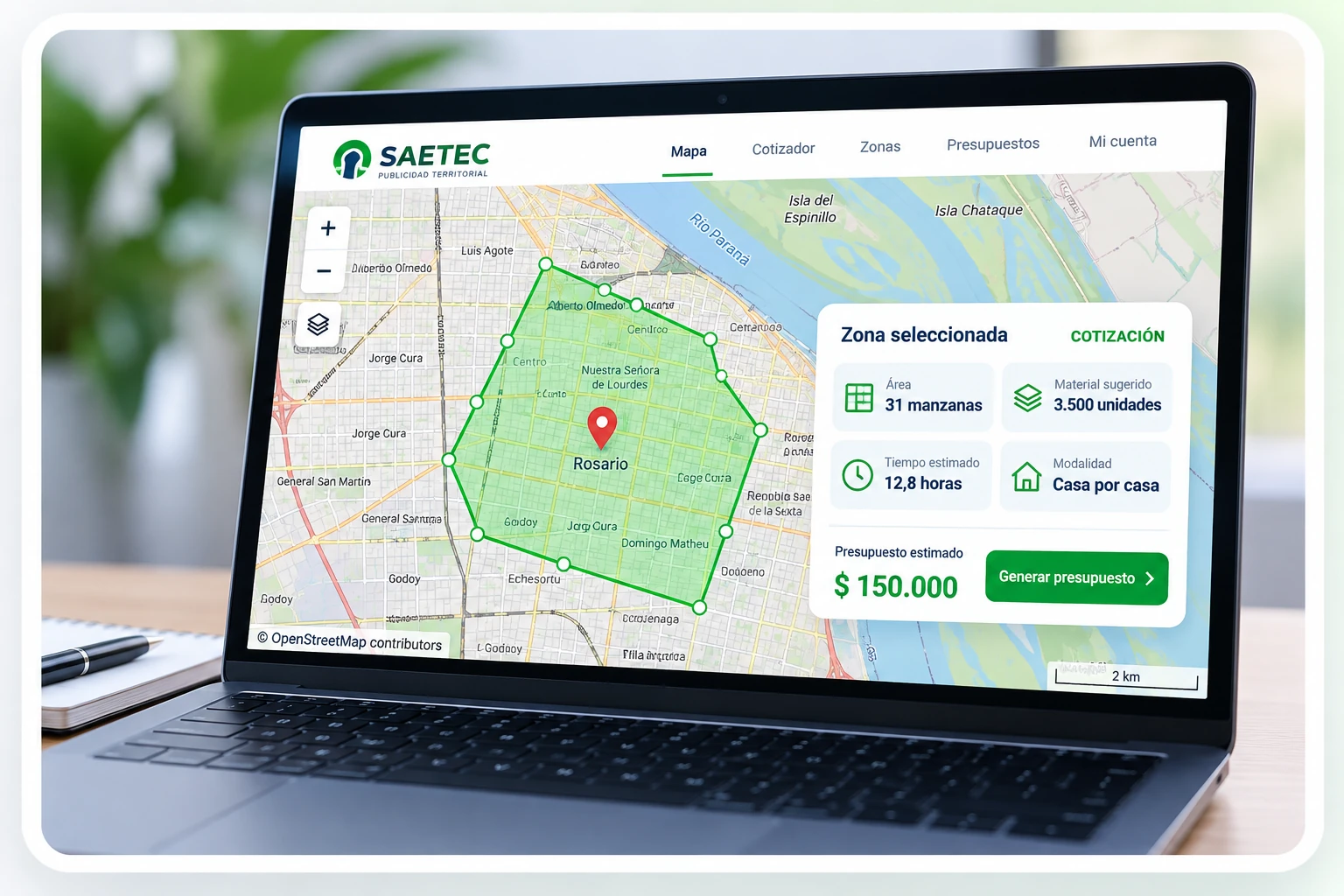 Cotizador geográfico SAETEC con mapa de Rosario, zona seleccionada y presupuesto estimado